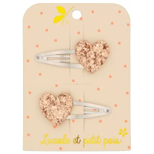 Luciole et Petit Pois – Barrette pour cheveux – Coeurs paillettes roses (paire)