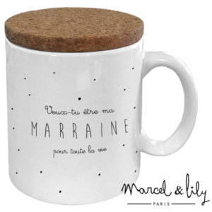Marcel et Lily – Mug Couvercle En Liège –  »Veux-tu être ma marraine ? »