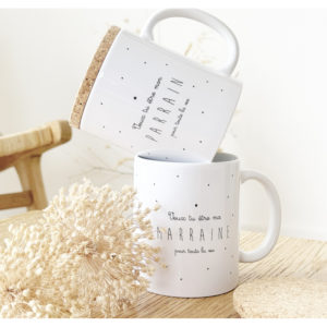 Marcel et Lily – Mug Couvercle En Liège –  »Veux-tu être ma marraine ? »