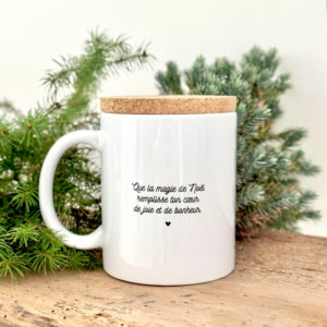 Marcel et Lily – Mug Avec Son Couvercle En Liège – »Joyeux Noël marraine adorée »