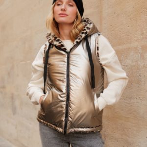 Attrait Paris – Veste en fourrure léopard réversible – Dorée